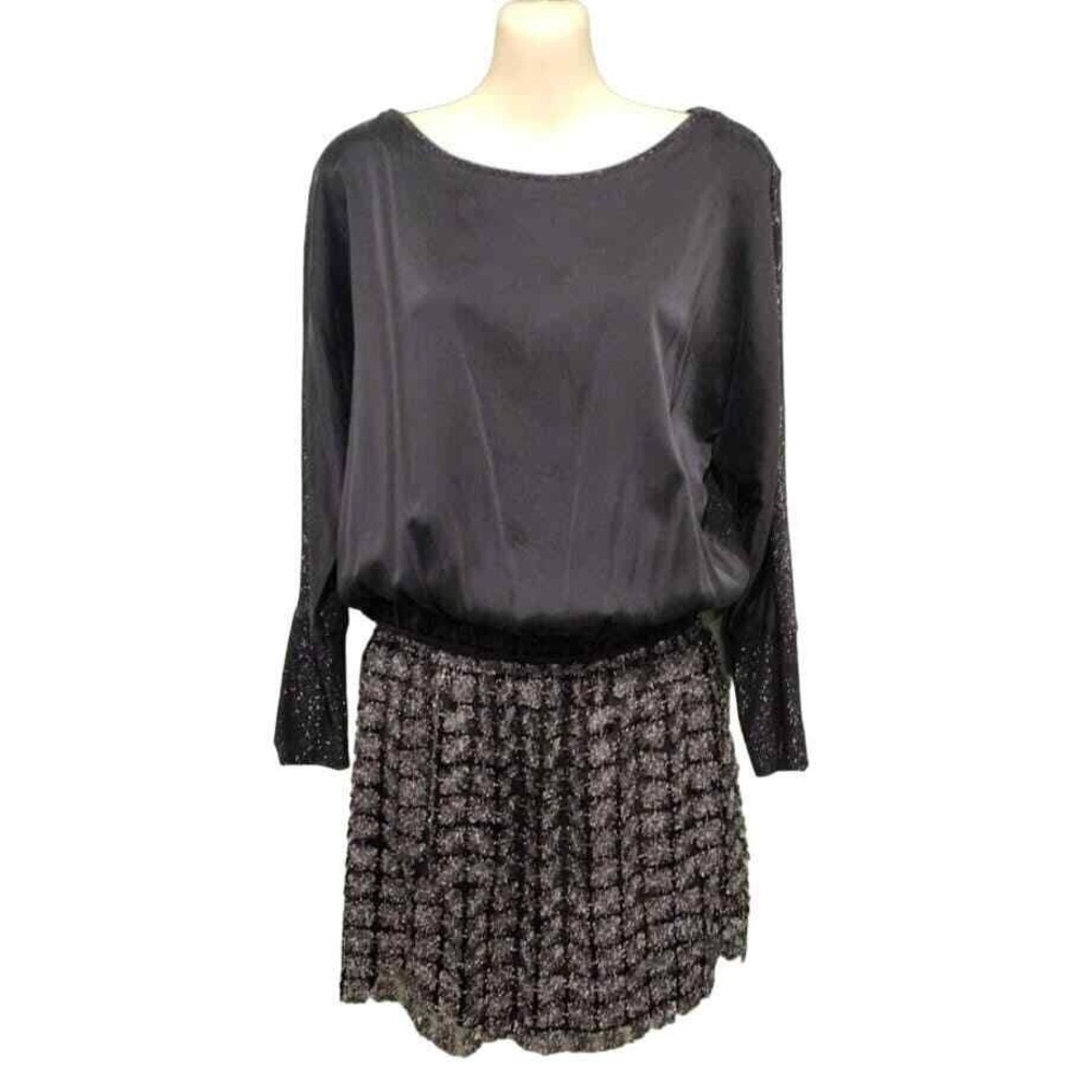 Hale‎ Bob Long Sleeve Above Knee Party Dress, Black and Silver, Size XS